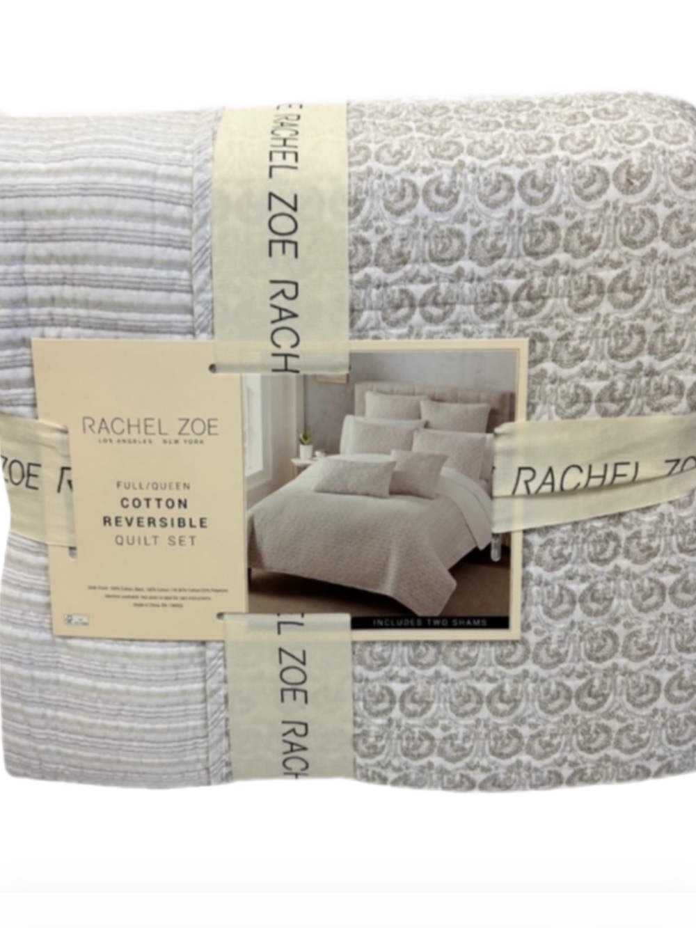 Rachel Zoe Full/Queen Gray and White Cotton Reversible Quilt Set 90”x90”